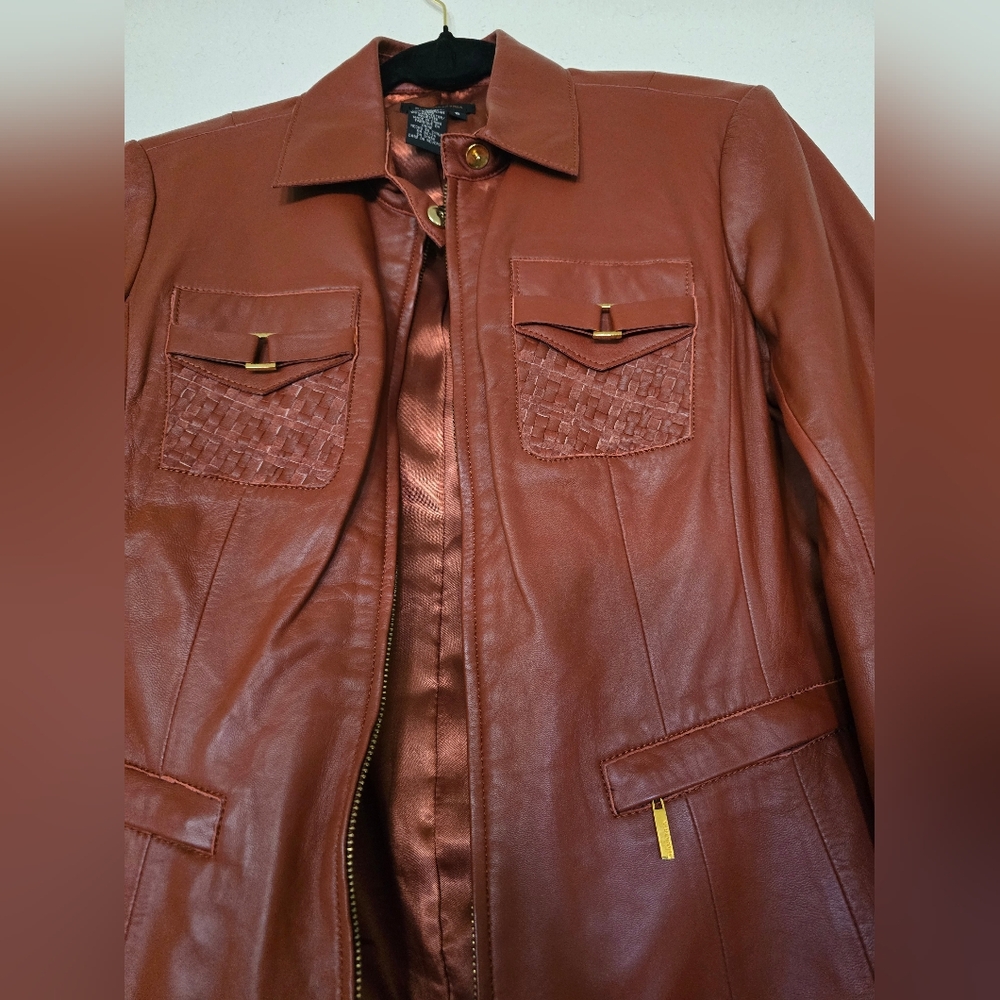 Vintage 90's BCBGMAXAZRIA Tan Leather Jacket - Picture 3 of 10
